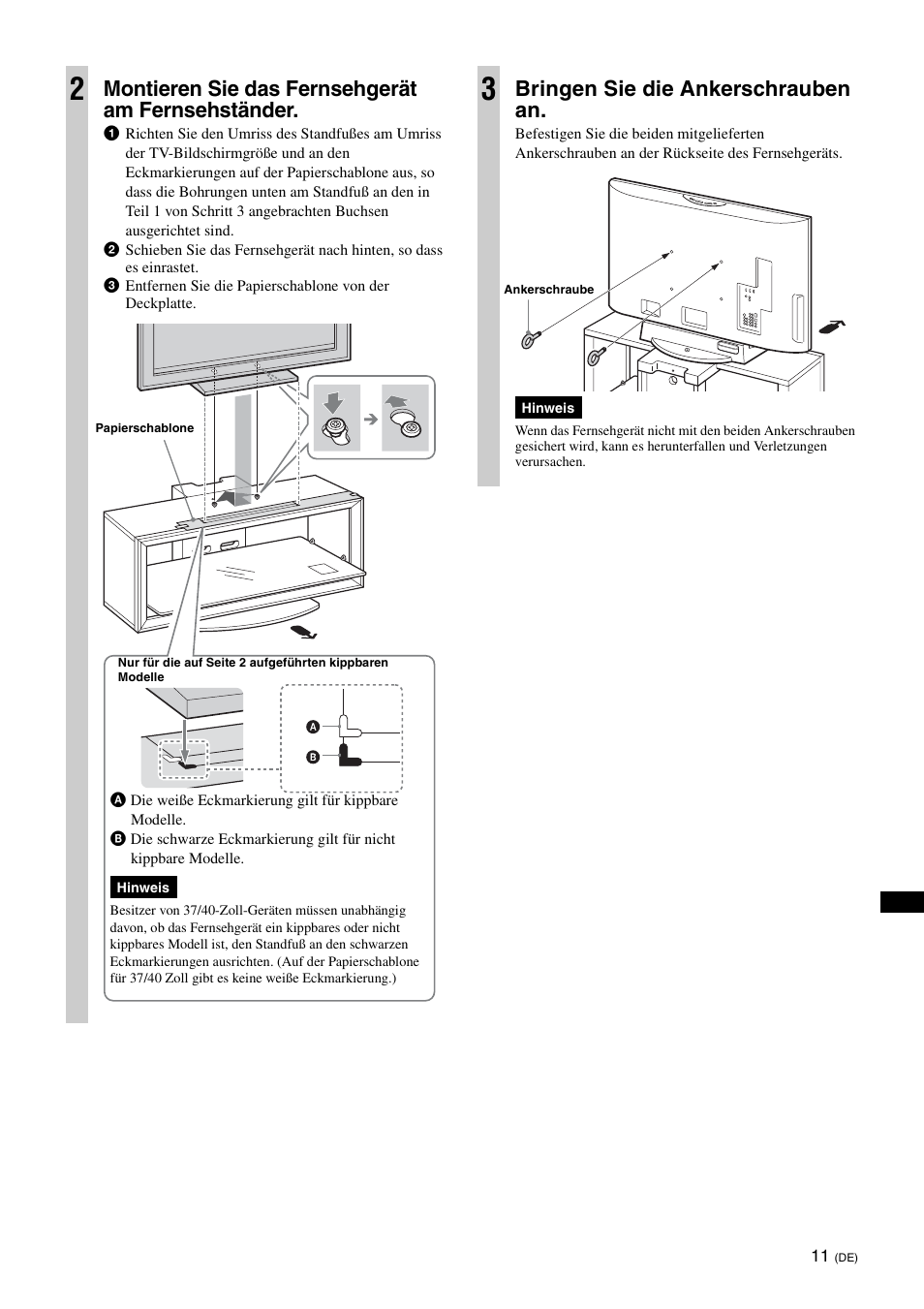 Montieren sie das fernsehgerät am fernsehständer, Bringen sie die ankerschrauben an | Sony SU-FL300L User Manual | Page 121 / 292