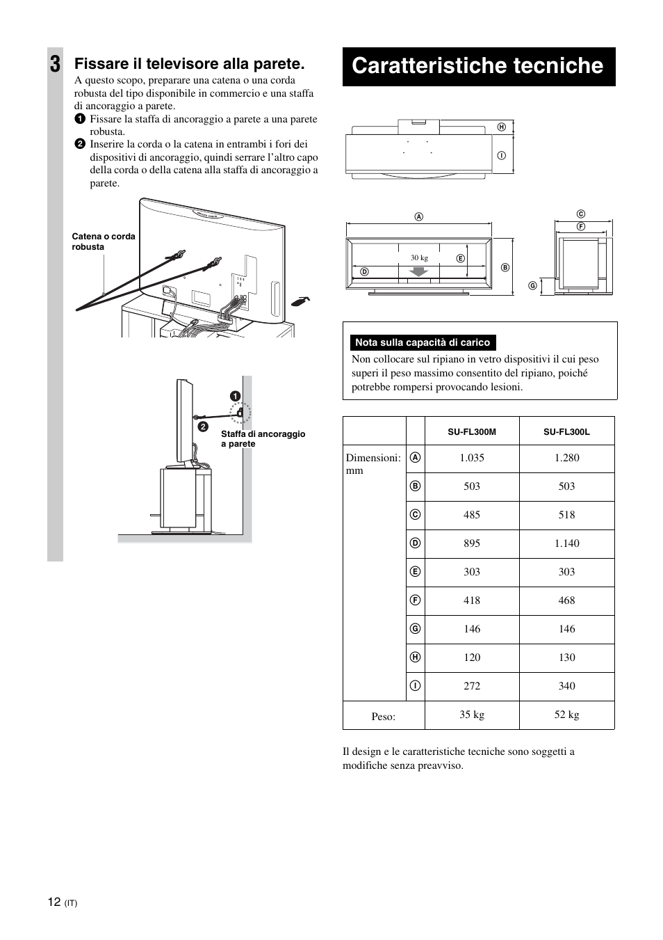 Caratteristiche tecniche, Fissare il televisore alla parete | Sony SU-FL300L User Manual | Page 136 / 292