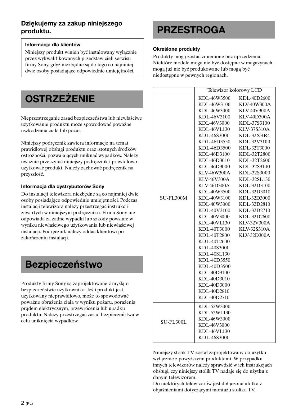 Ostrzeżenie, Bezpieczeństwo, Przestroga | Ostrzeżenie bezpieczeństwo przestroga | Sony SU-FL300L User Manual | Page 168 / 292