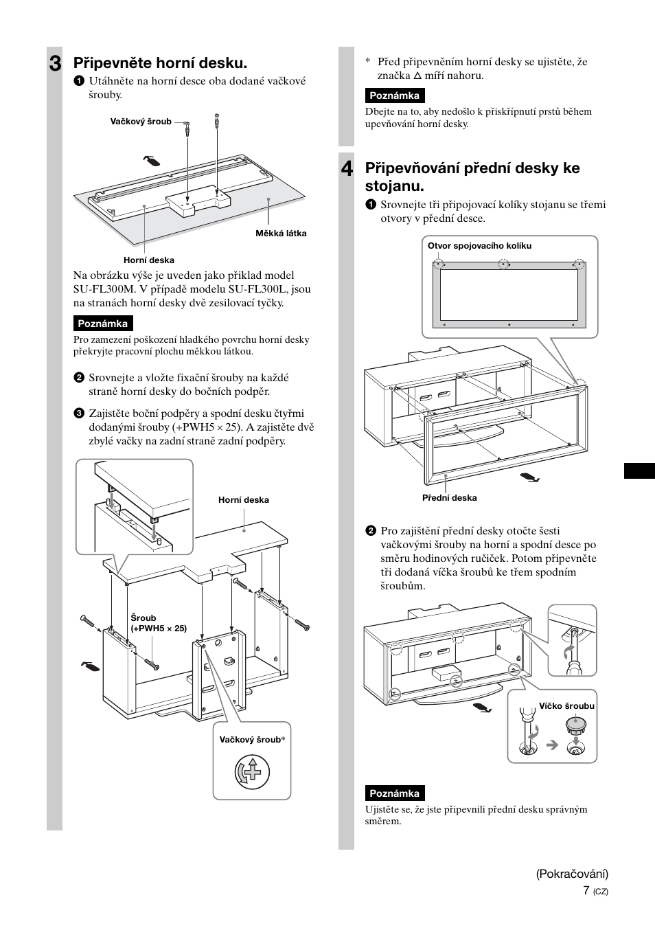 Připevněte horní desku, Připevňování přední desky ke stojanu | Sony SU-FL300L User Manual | Page 187 / 292
