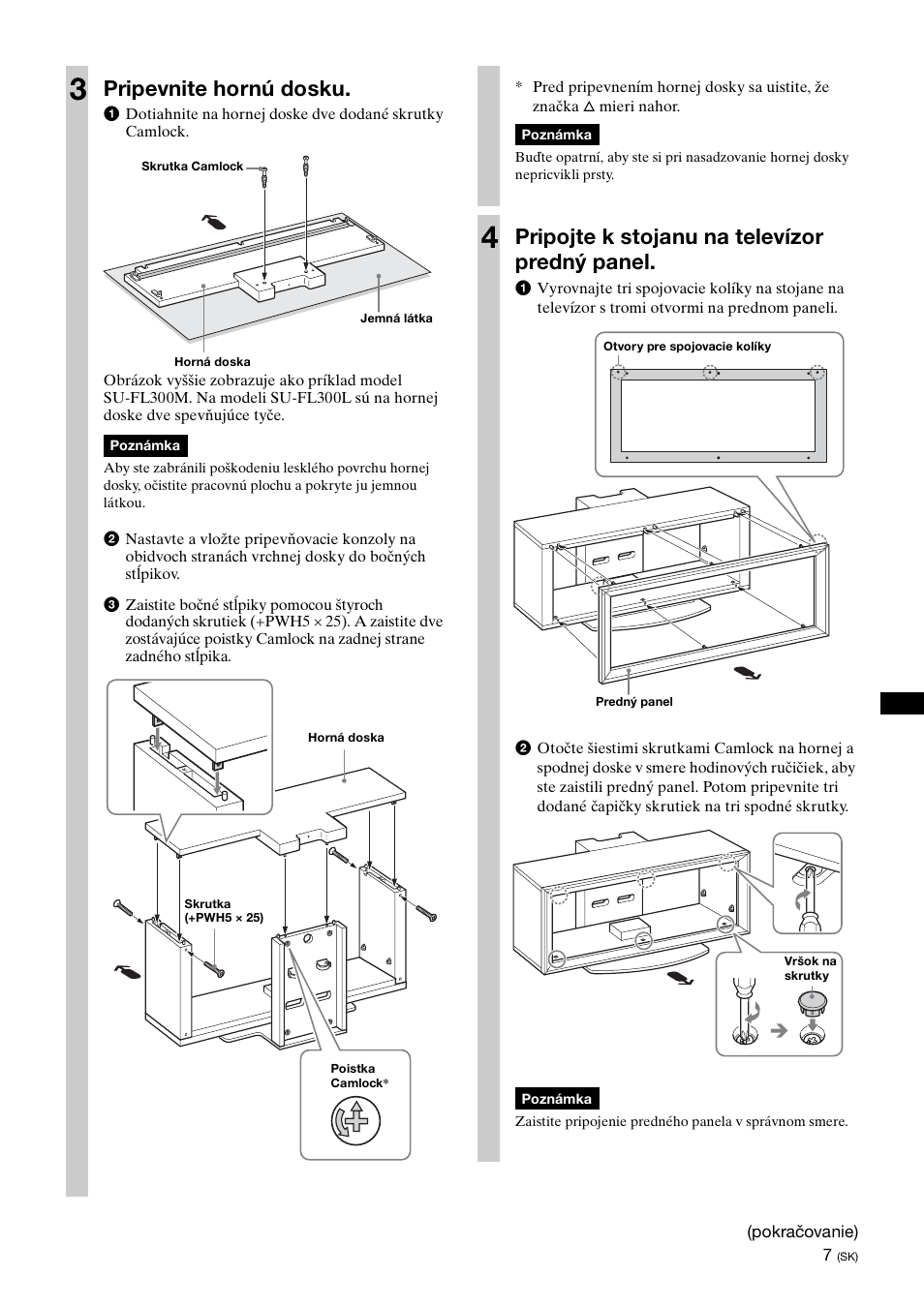 Pripevnite hornú dosku, Pripojte k stojanu na televízor predný panel | Sony SU-FL300L User Manual | Page 199 / 292
