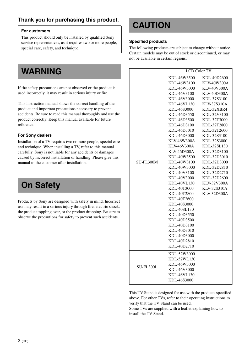 Warning, On safety, Caution | Warning on safety caution | Sony SU-FL300L User Manual | Page 2 / 292