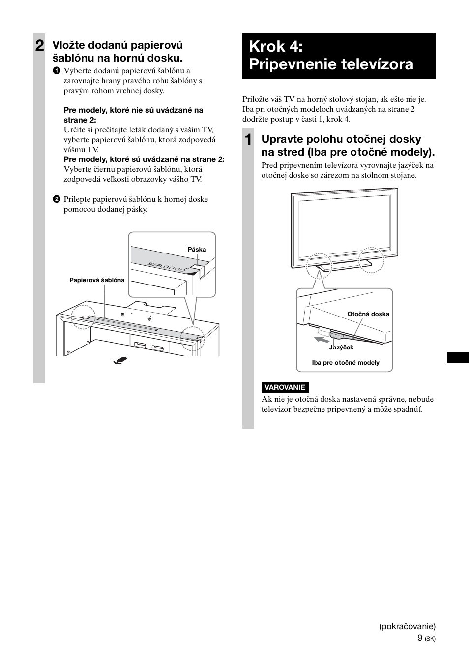 Krok 4:pripevnenie televízora, Krok 4: pripevnenie televízora 1, Vložte dodanú papierovú šablónu na hornú dosku | Sony SU-FL300L User Manual | Page 201 / 292