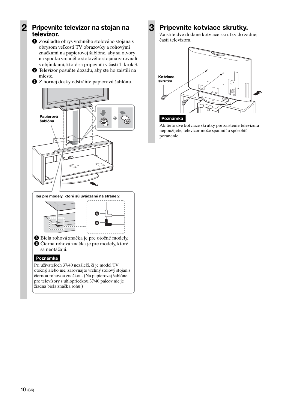 Pripevnite televízor na stojan na televízor, Pripevnite kotviace skrutky | Sony SU-FL300L User Manual | Page 202 / 292
