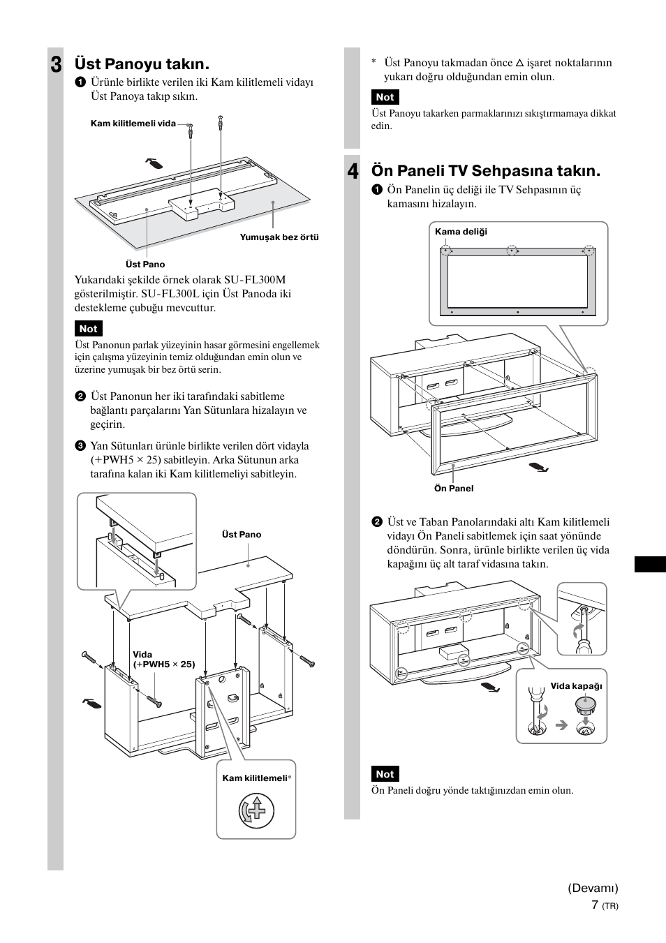 Üst panoyu takın, Ön paneli tv sehpasına takın | Sony SU-FL300L User Manual | Page 223 / 292