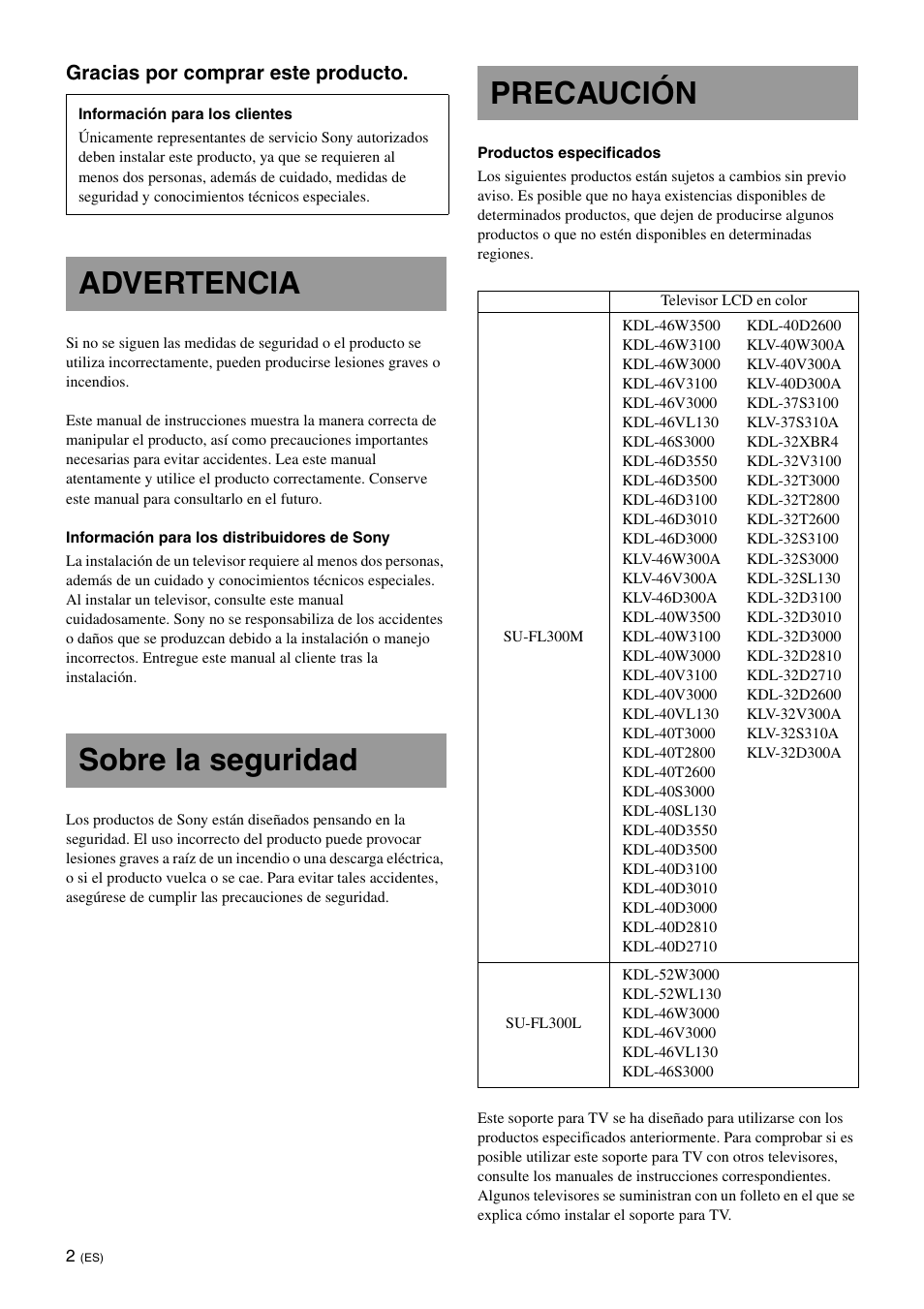 Advertencia, Sobre la seguridad, Precaución | Advertencia sobre la seguridad precaución | Sony SU-FL300L User Manual | Page 26 / 292