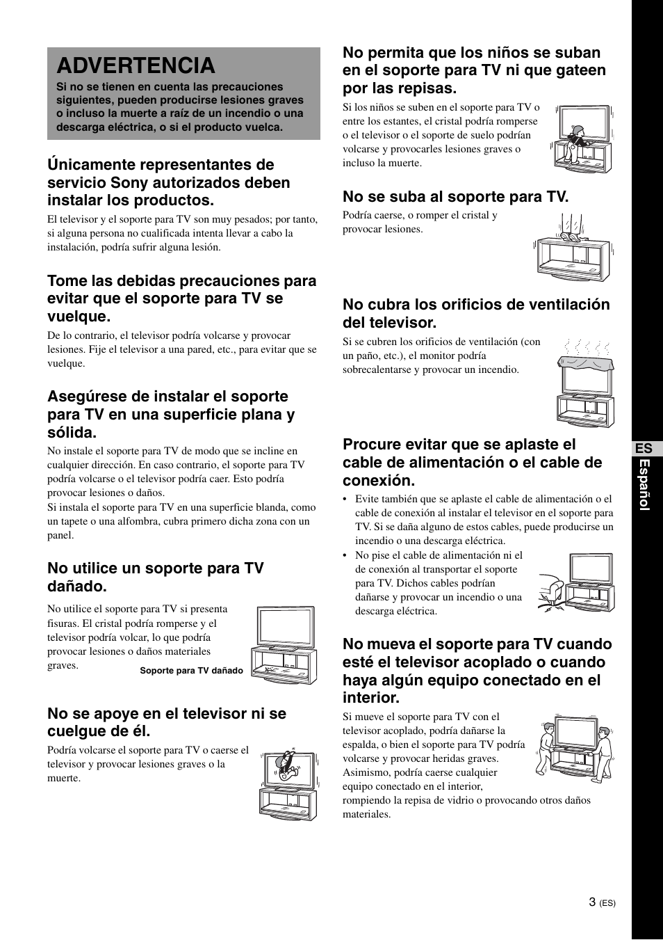 Advertencia, No se suba al soporte para tv | Sony SU-FL300L User Manual | Page 27 / 292