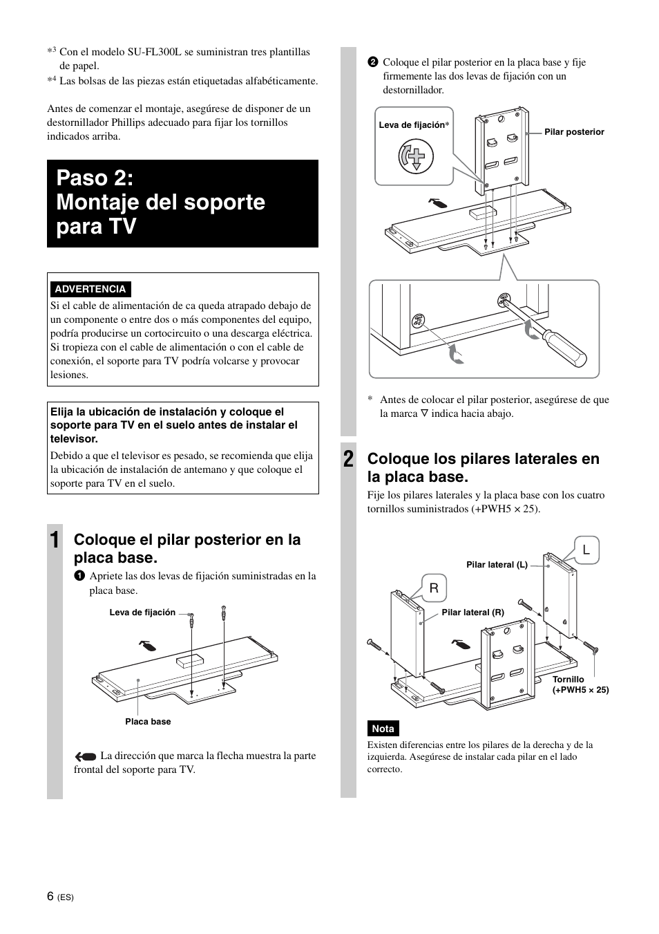 Paso 2: montaje del soporte para tv, Coloque el pilar posterior en la placa base, Coloque los pilares laterales en la placa base | Sony SU-FL300L User Manual | Page 30 / 292