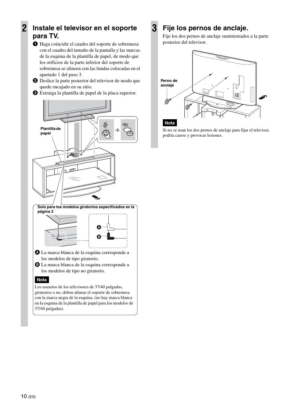 Instale el televisor en el soporte para tv, Fije los pernos de anclaje | Sony SU-FL300L User Manual | Page 34 / 292