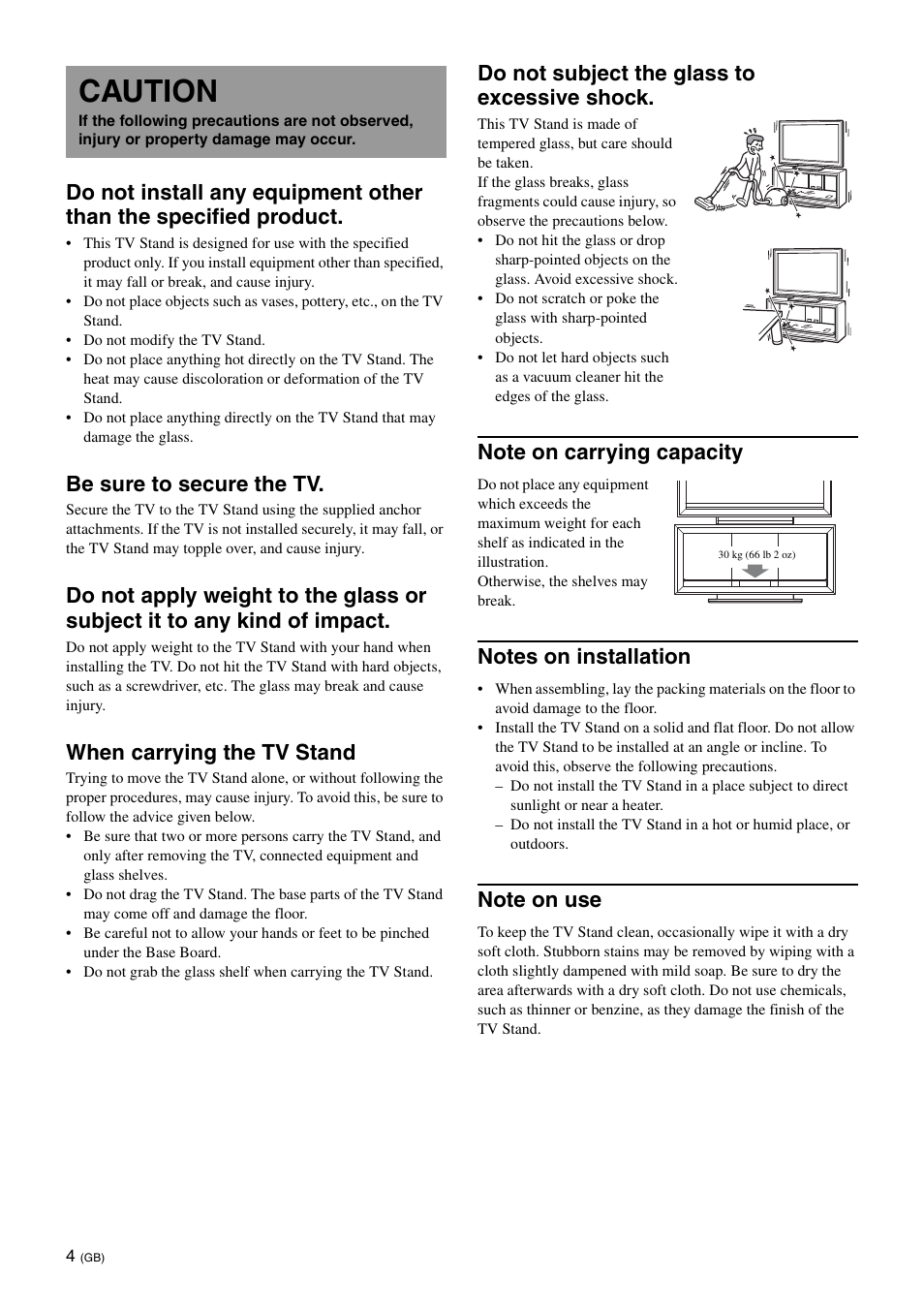 Caution, Be sure to secure the tv, When carrying the tv stand | Do not subject the glass to excessive shock | Sony SU-FL300L User Manual | Page 4 / 292