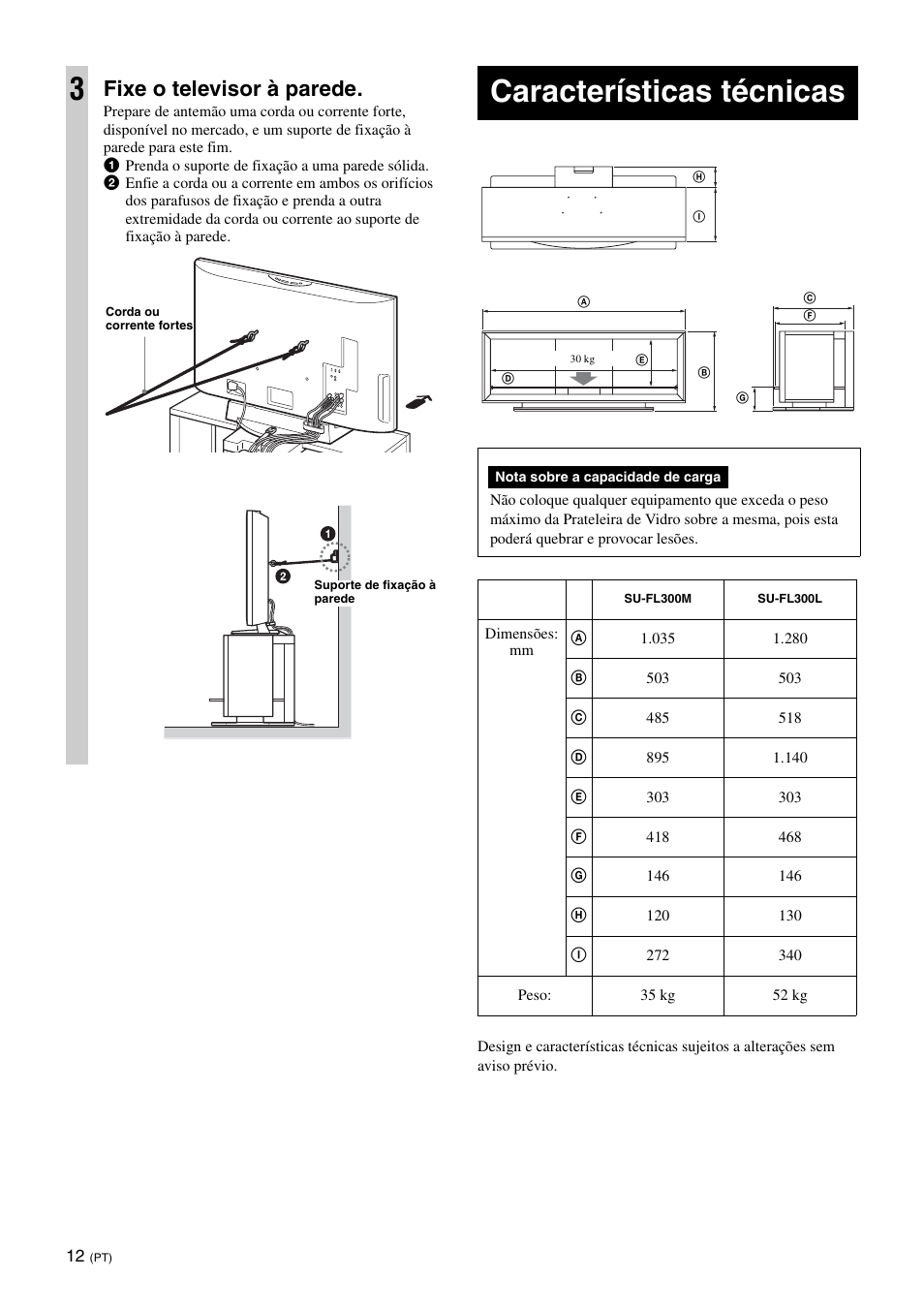 Características técnicas, Fixe o televisor à parede | Sony SU-FL300L User Manual | Page 48 / 292