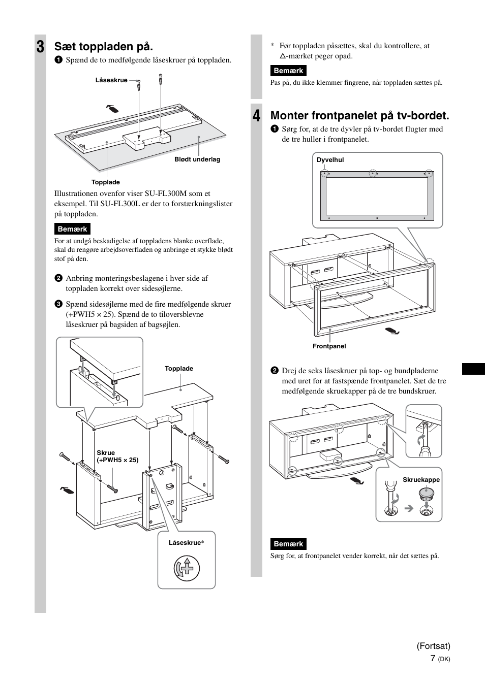 Sæt toppladen på, Monter frontpanelet på tv-bordet | Sony SU-FL300L User Manual | Page 57 / 292