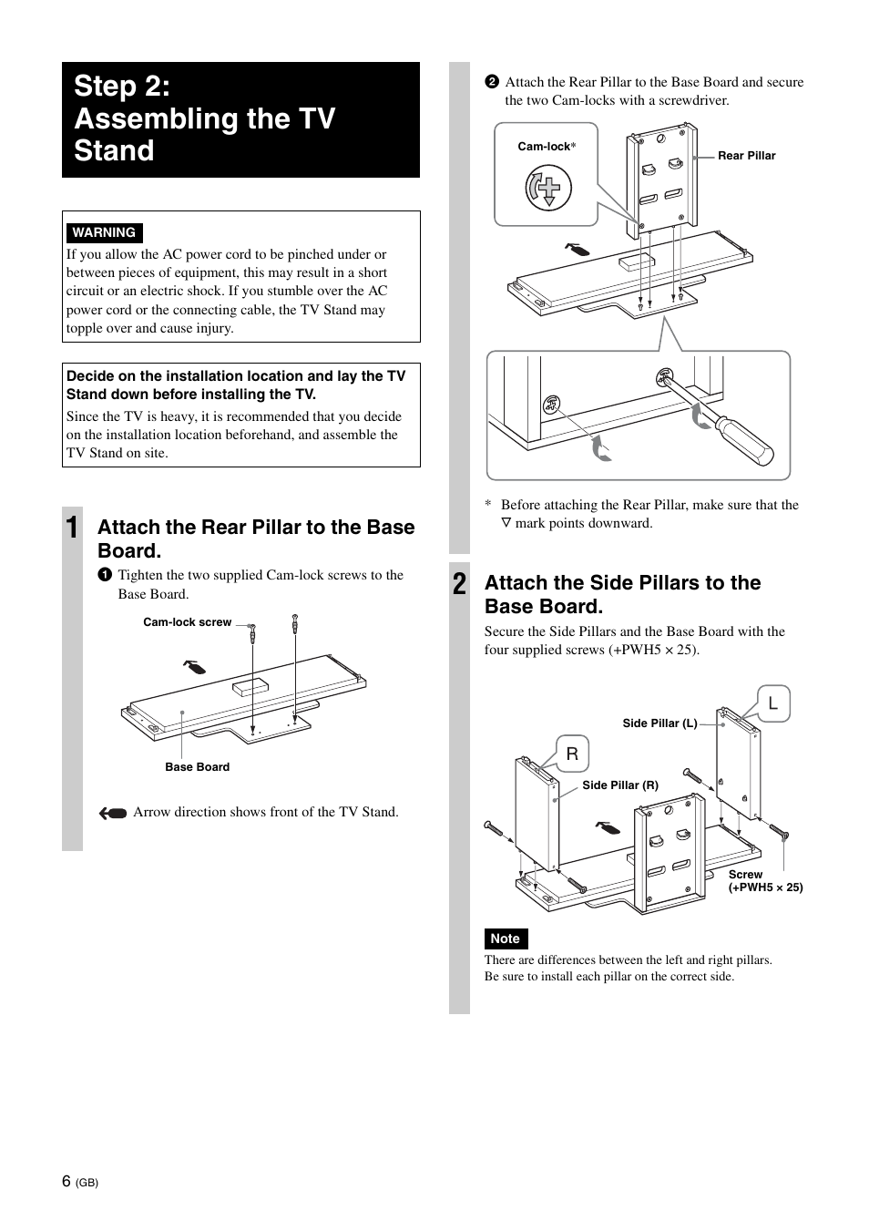 Step 2: assembling the tv stand, Attach the rear pillar to the base board, Attach the side pillars to the base board | Sony SU-FL300L User Manual | Page 6 / 292