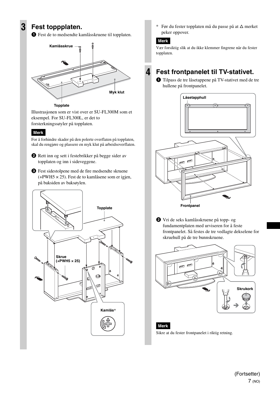 Fest toppplaten, Fest frontpanelet til tv-stativet | Sony SU-FL300L User Manual | Page 69 / 292