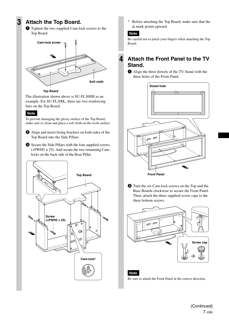 Attach the top board, Attach the front panel to the tv stand | Sony SU-FL300L User Manual | Page 7 / 292