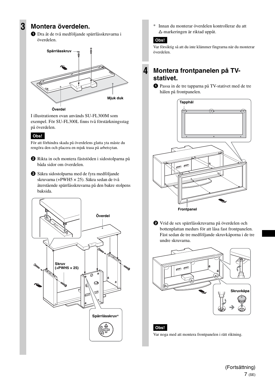 Montera överdelen, Montera frontpanelen på tv- stativet | Sony SU-FL300L User Manual | Page 81 / 292