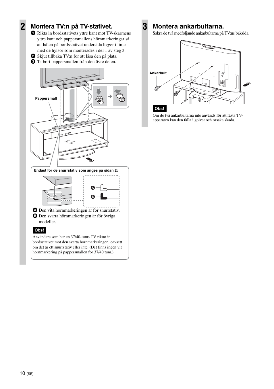 Montera tv:n på tv-stativet, Montera ankarbultarna | Sony SU-FL300L User Manual | Page 84 / 292