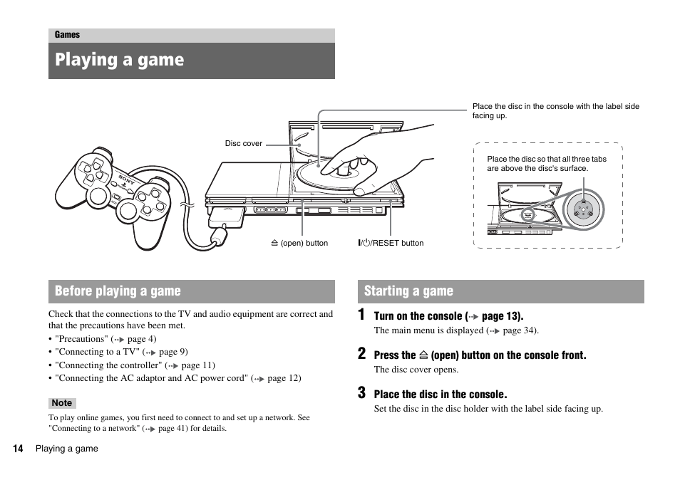 Playing a game, Before playing a game starting a game | Sony SCPH-70007 User Manual | Page 14 / 104