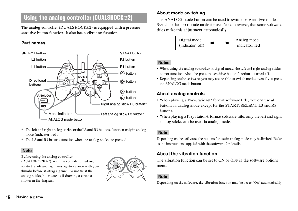 Using the analog controller (dualshock | Sony SCPH-70007 User Manual | Page 16 / 104