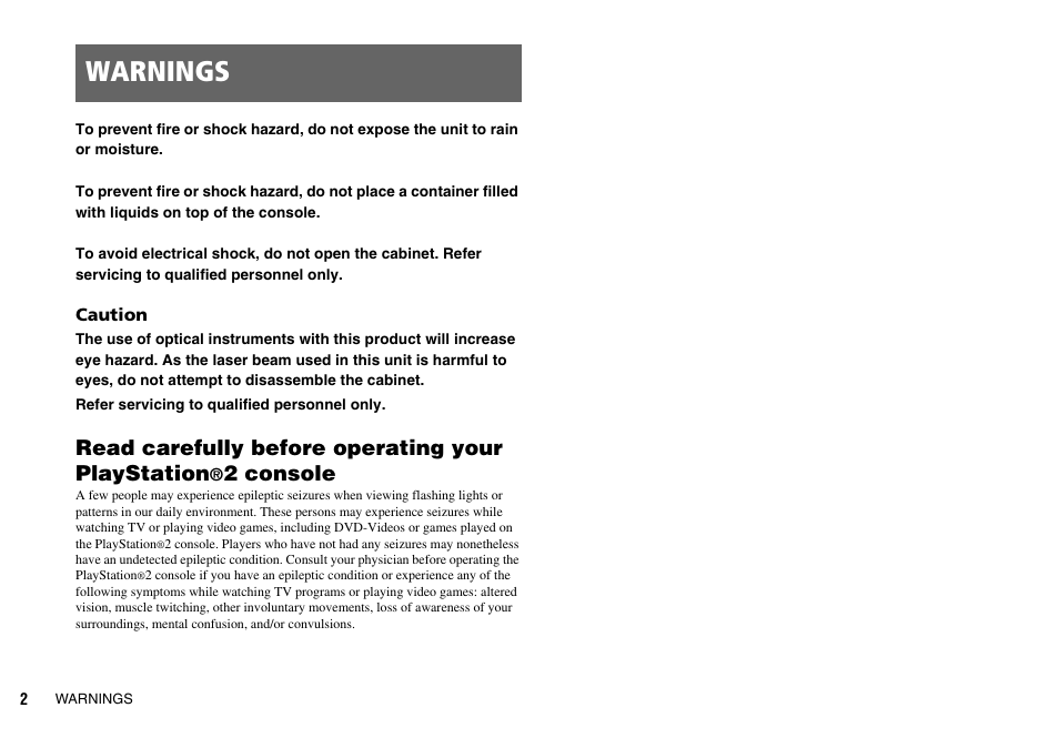 Warnings, Read carefully before operating your playstation, 2 console | Sony SCPH-70007 User Manual | Page 2 / 104