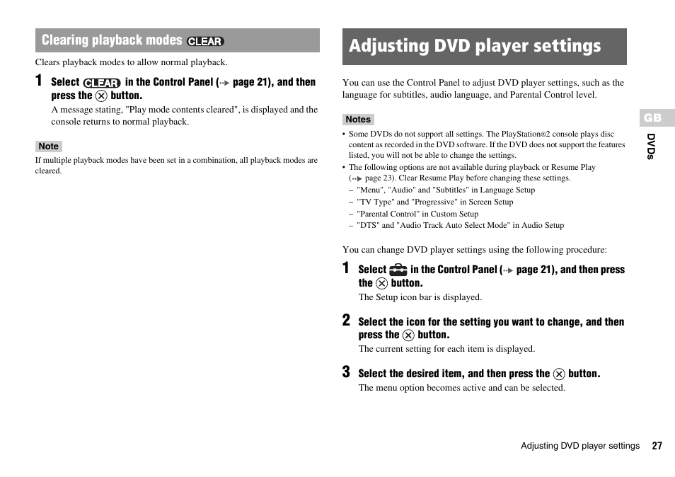 Adjusting dvd player settings, Clearing playback modes | Sony SCPH-70007 User Manual | Page 27 / 104