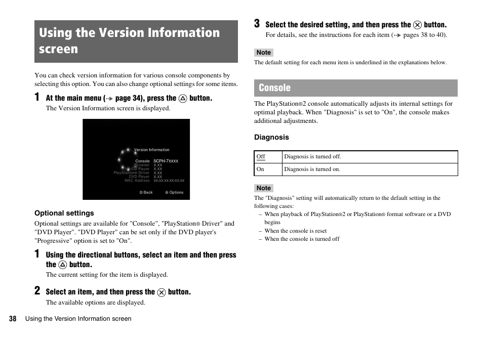 Using the version information screen, Console | Sony SCPH-70007 User Manual | Page 38 / 104