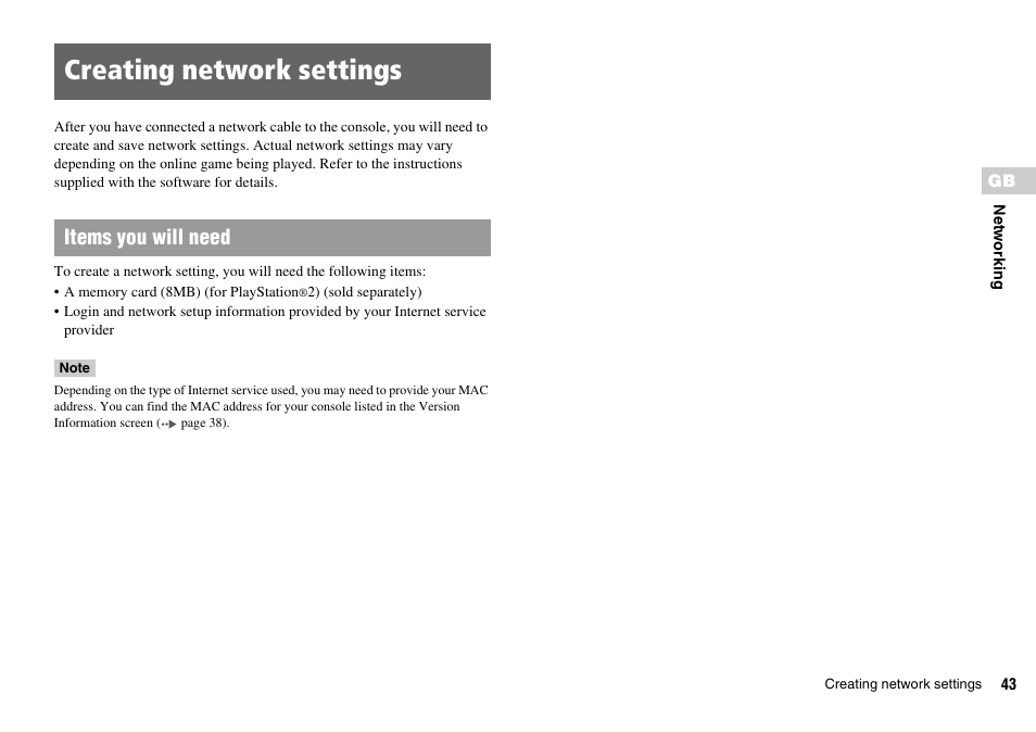 Creating network settings, Items you will need | Sony SCPH-70007 User Manual | Page 43 / 104