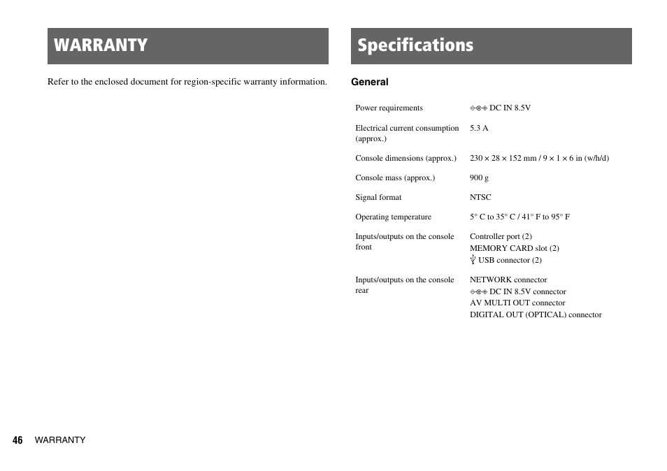 Warranty specifications | Sony SCPH-70007 User Manual | Page 46 / 104