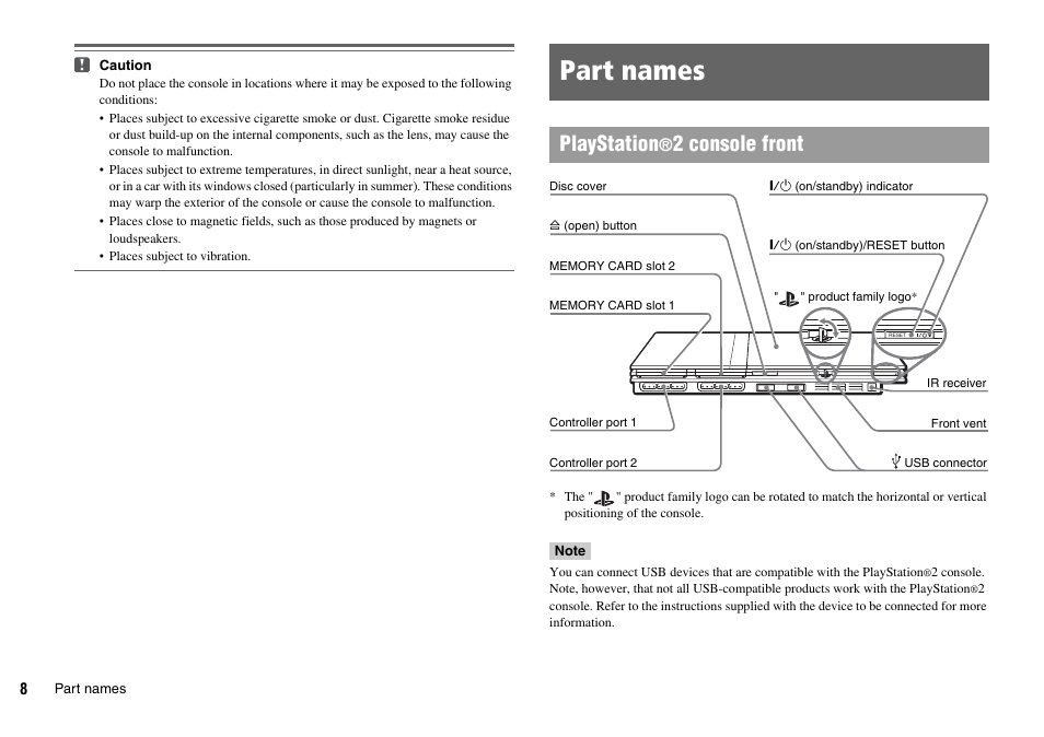Part names, Playstation, 2 console front | Sony SCPH-70007 User Manual | Page 8 / 104