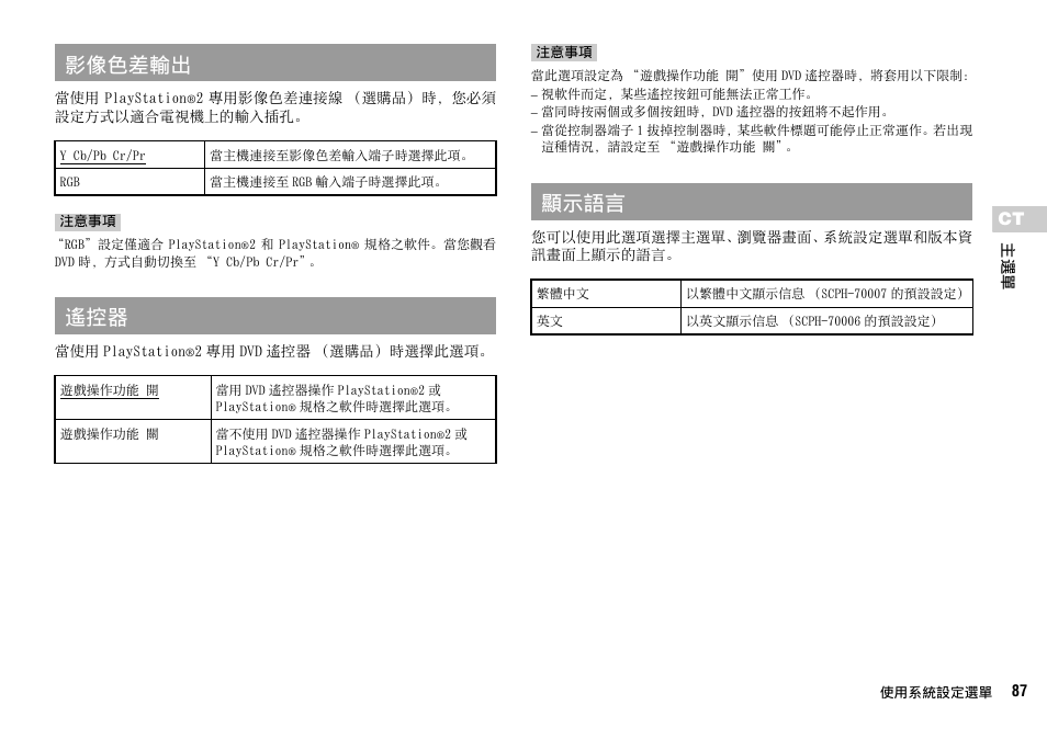影像色差輸出, 顯示語言 | Sony SCPH-70007 User Manual | Page 87 / 104