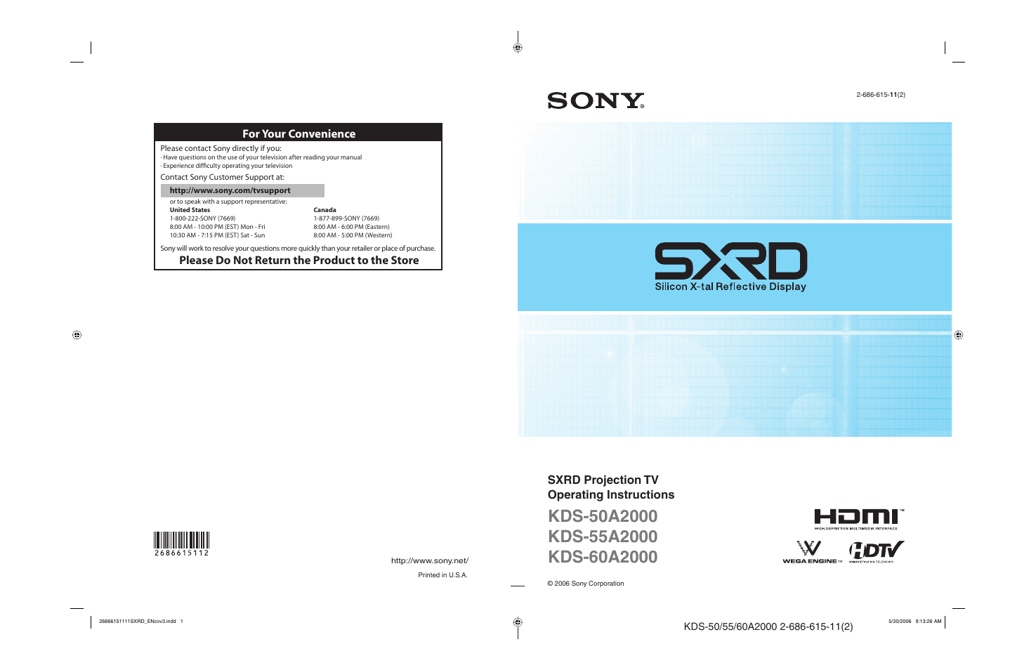 Sony GRAND WEGA KDS-60A2000 User Manual | 67 pages