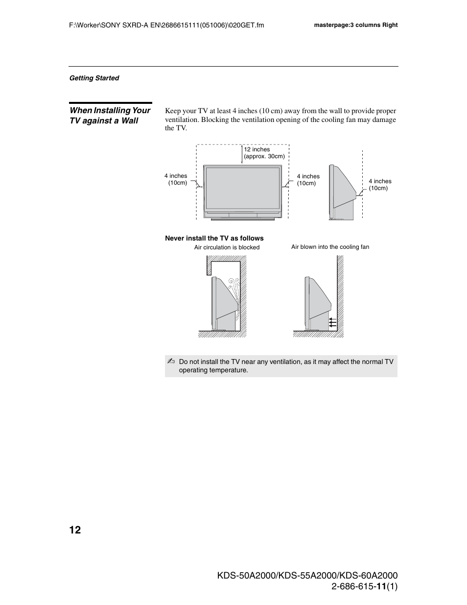 When installing your tv against a wall | Sony GRAND WEGA KDS-60A2000 User Manual | Page 12 / 67