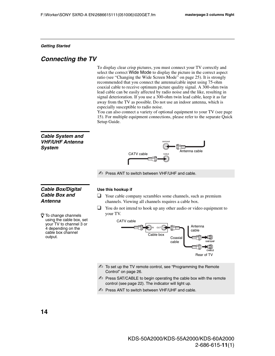 Connecting the tv, Cable system and vhf/uhf antenna system, Cable box/digital cable box and antenna | Sony GRAND WEGA KDS-60A2000 User Manual | Page 14 / 67