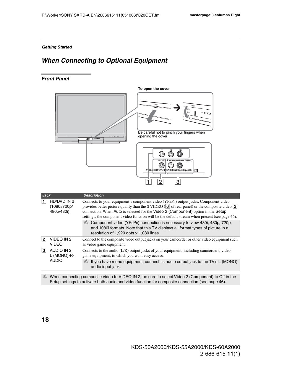 When connecting to optional equipment, Front panel | Sony GRAND WEGA KDS-60A2000 User Manual | Page 18 / 67