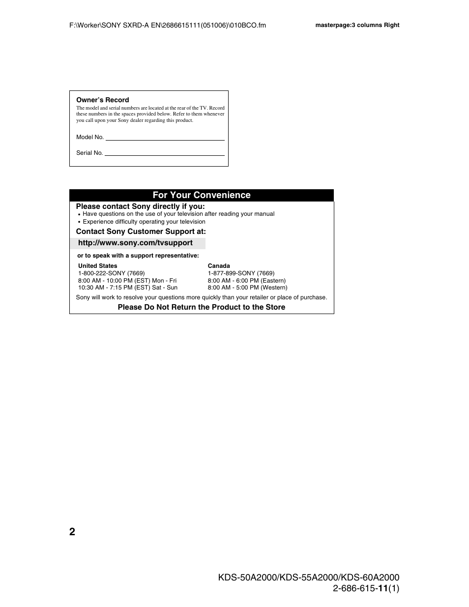 For your convenience | Sony GRAND WEGA KDS-60A2000 User Manual | Page 2 / 67