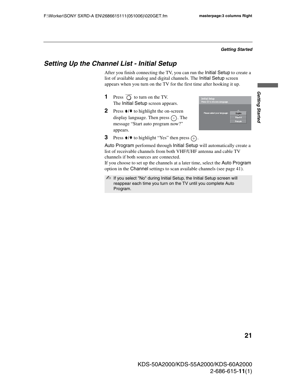 Setting up the channel list - initial setup | Sony GRAND WEGA KDS-60A2000 User Manual | Page 21 / 67