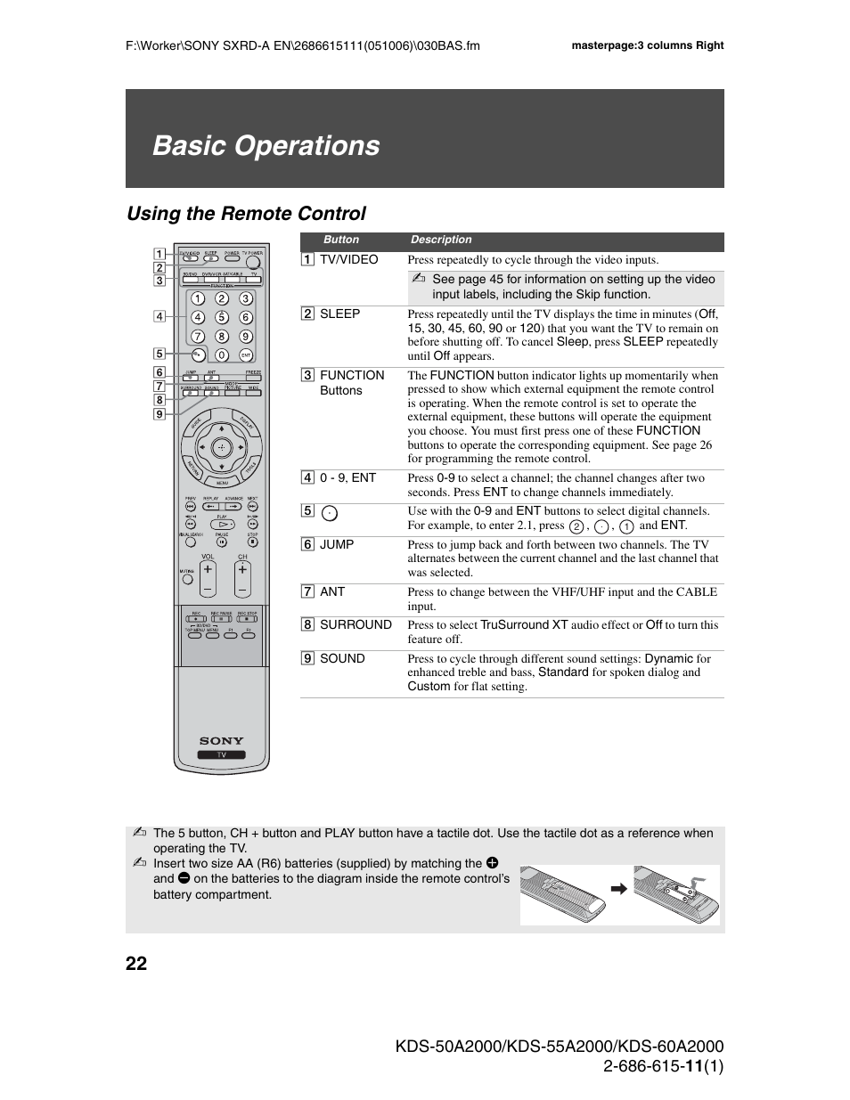 Basic operations, Using the remote control | Sony GRAND WEGA KDS-60A2000 User Manual | Page 22 / 67