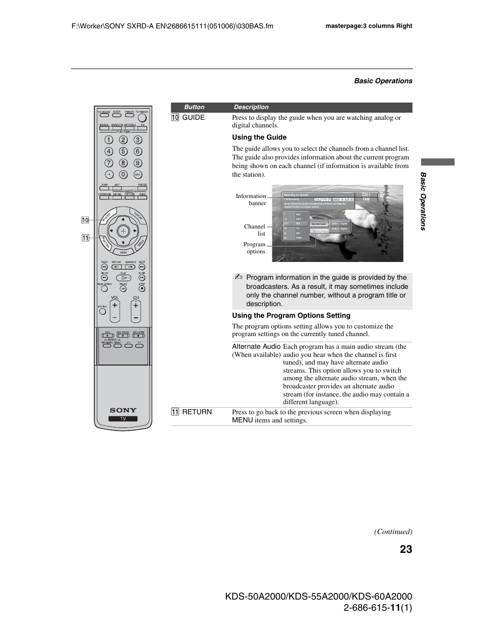 Continued), Basic operations, Ba sic op er atio ns | Sony GRAND WEGA KDS-60A2000 User Manual | Page 23 / 67