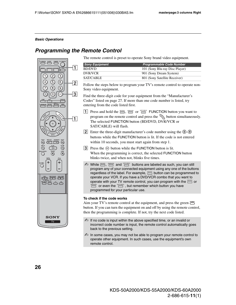 Programming the remote control | Sony GRAND WEGA KDS-60A2000 User Manual | Page 26 / 67