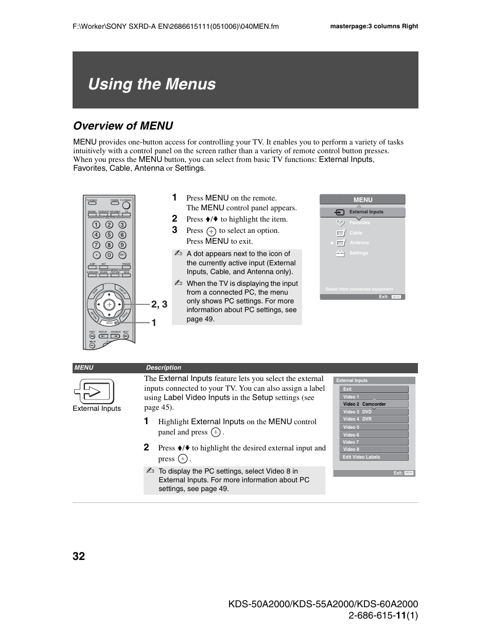 Using the menus, Overview of menu, Press v/v to highlight the item | Press to select an option. press menu to exit, External inputs | Sony GRAND WEGA KDS-60A2000 User Manual | Page 32 / 67