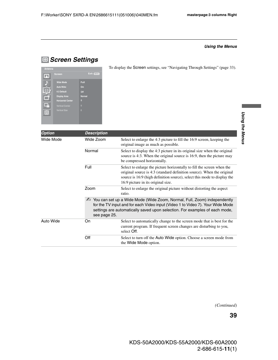 Screen settings | Sony GRAND WEGA KDS-60A2000 User Manual | Page 39 / 67