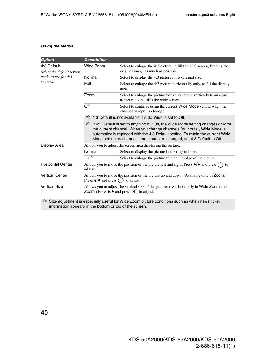 Sony GRAND WEGA KDS-60A2000 User Manual | Page 40 / 67