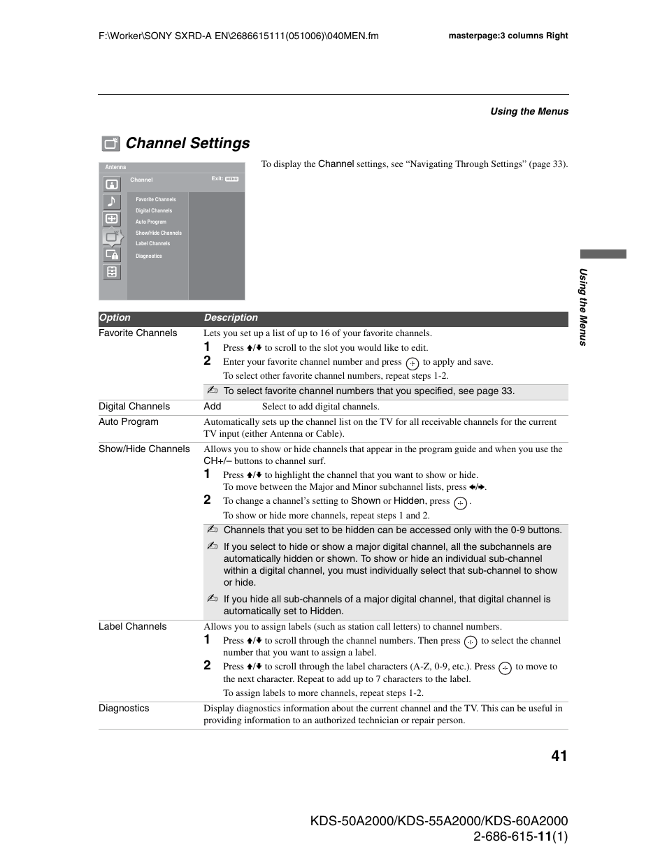 Channel settings | Sony GRAND WEGA KDS-60A2000 User Manual | Page 41 / 67