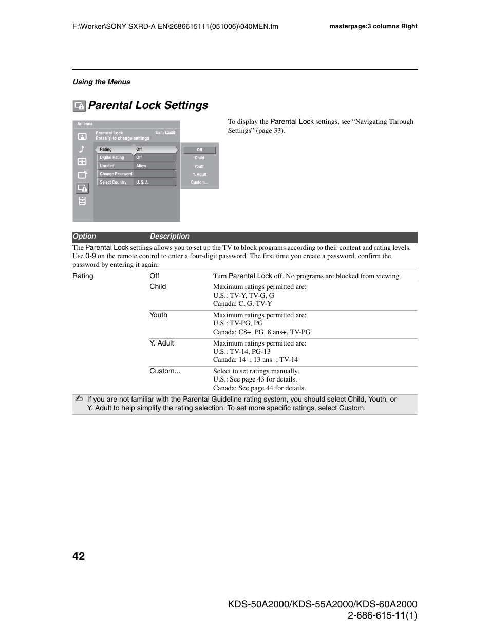 Parental lock settings | Sony GRAND WEGA KDS-60A2000 User Manual | Page 42 / 67