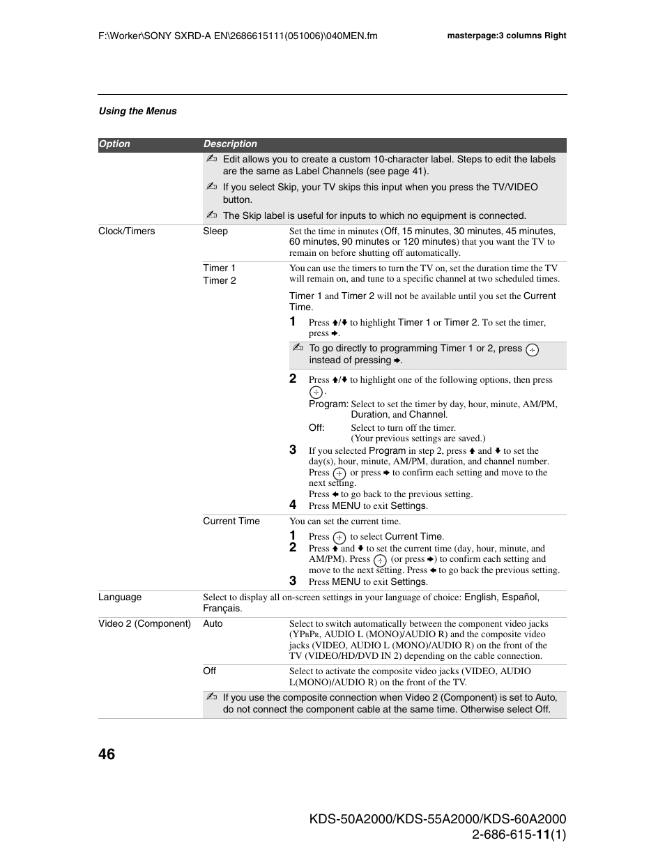 Sony GRAND WEGA KDS-60A2000 User Manual | Page 46 / 67