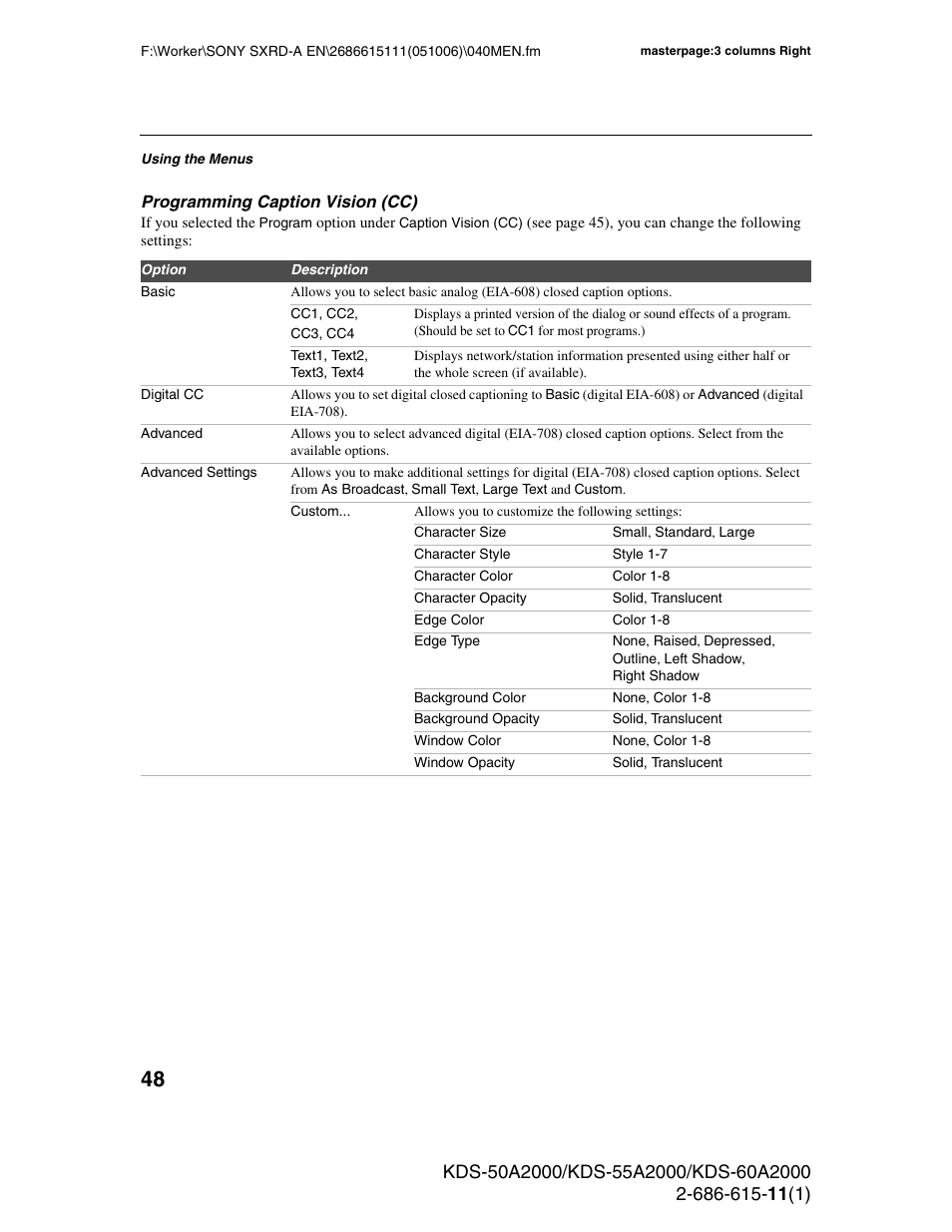 Sony GRAND WEGA KDS-60A2000 User Manual | Page 48 / 67