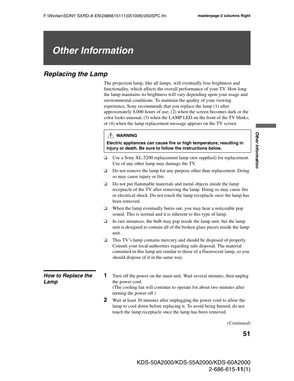Other information, Replacing the lamp, How to replace the lamp | Sony GRAND WEGA KDS-60A2000 User Manual | Page 51 / 67