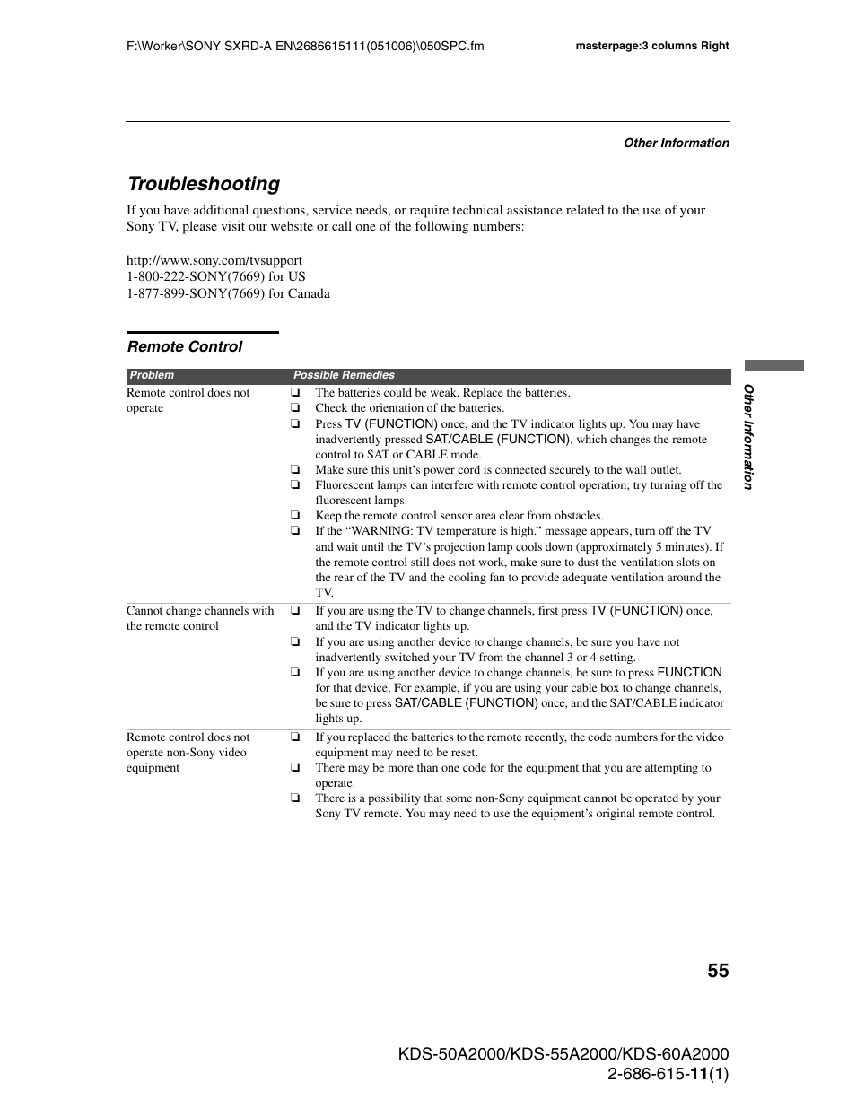 Troubleshooting, Remote control | Sony GRAND WEGA KDS-60A2000 User Manual | Page 55 / 67