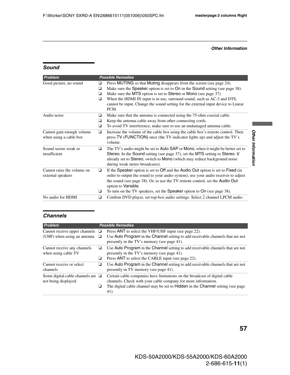 Sound, Channels, Sound channels | Sony GRAND WEGA KDS-60A2000 User Manual | Page 57 / 67