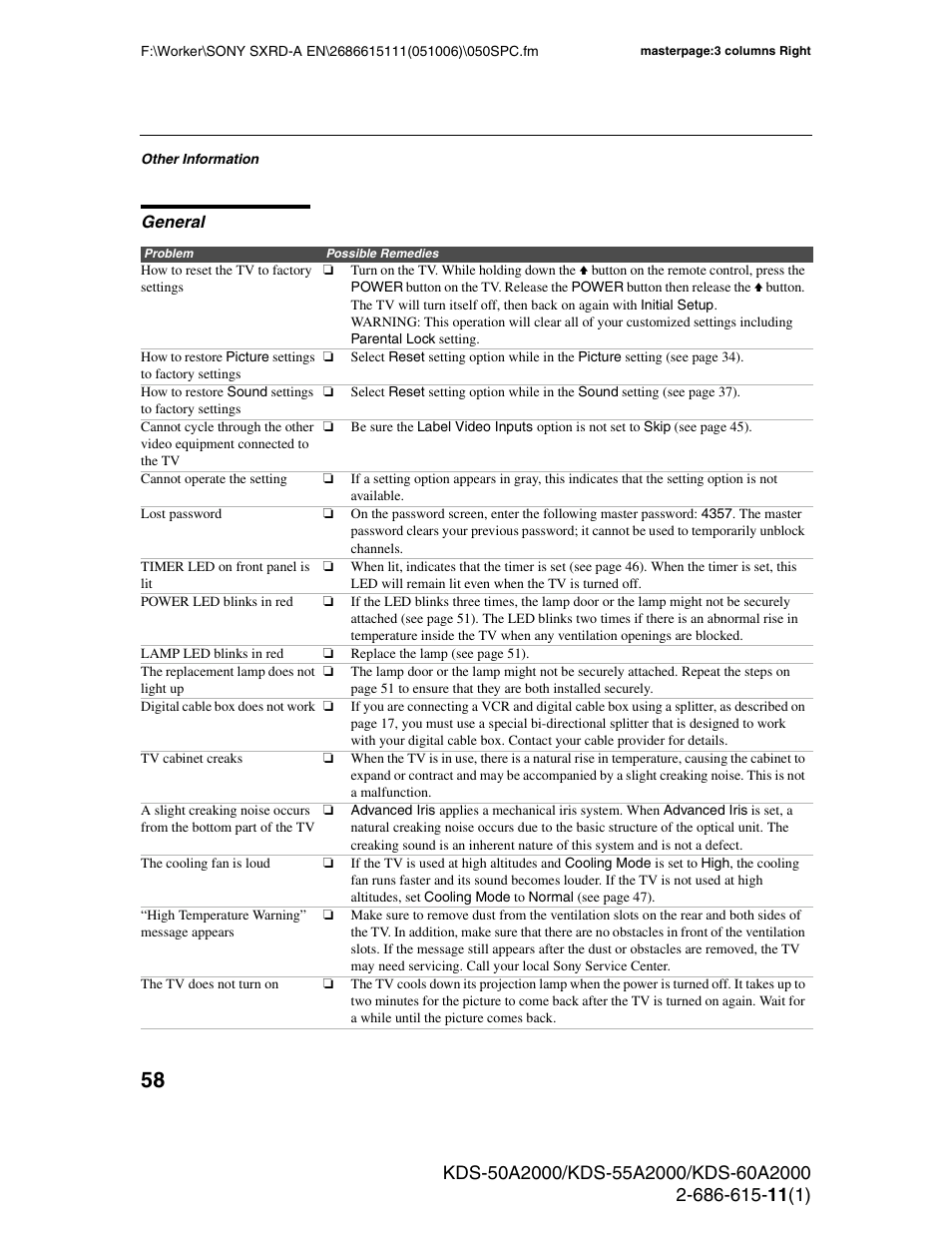 General | Sony GRAND WEGA KDS-60A2000 User Manual | Page 58 / 67